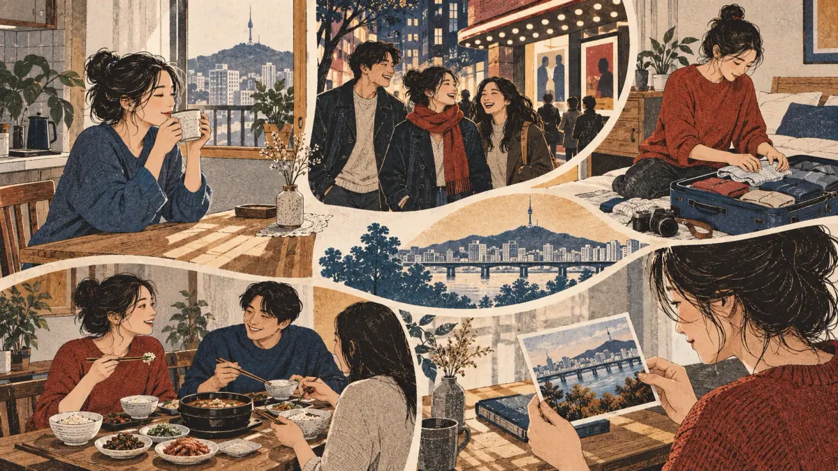 Five scenes show a coffee habit, a past film, a travel plan, eating and remembered travel.