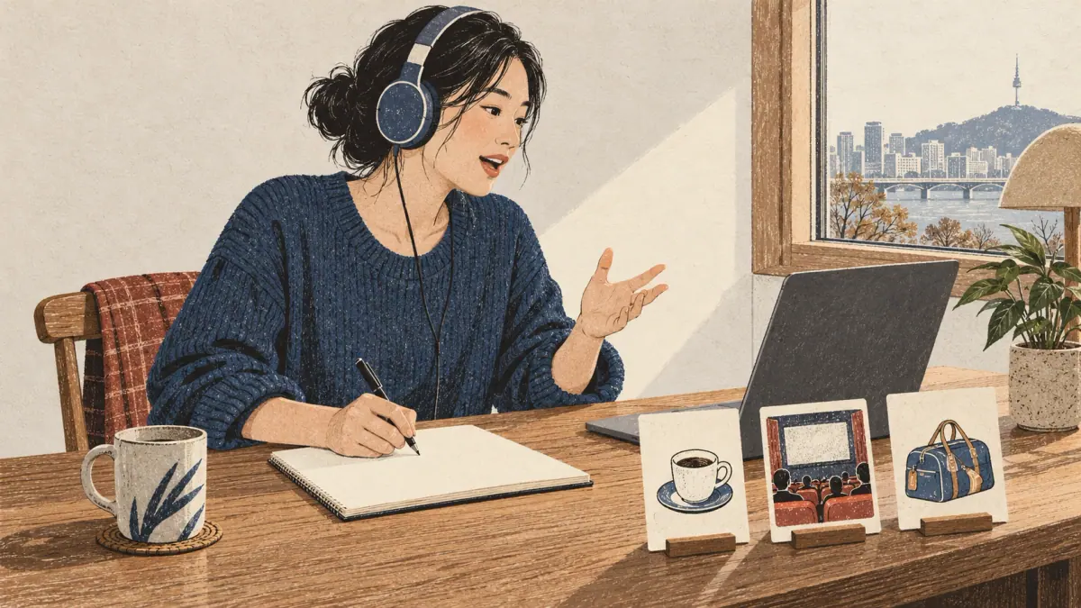 A learner listens, speaks and writes while practising tense examples at a study desk.