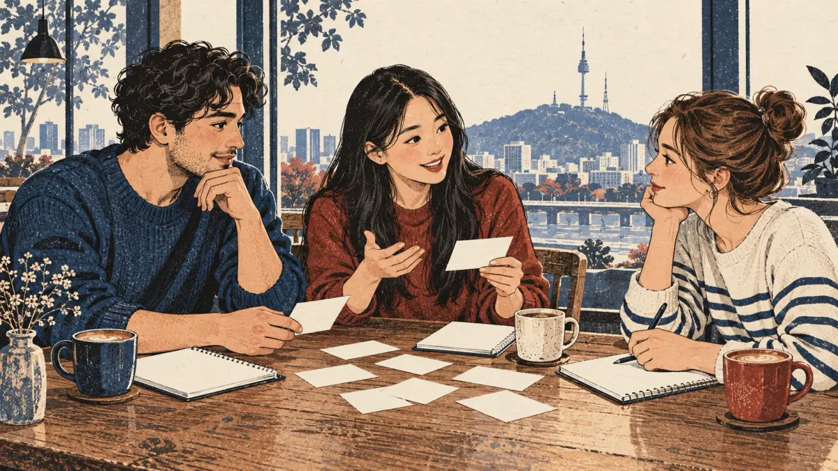 Adult learners discuss blank study cards with a Korean teacher in a Seoul café.