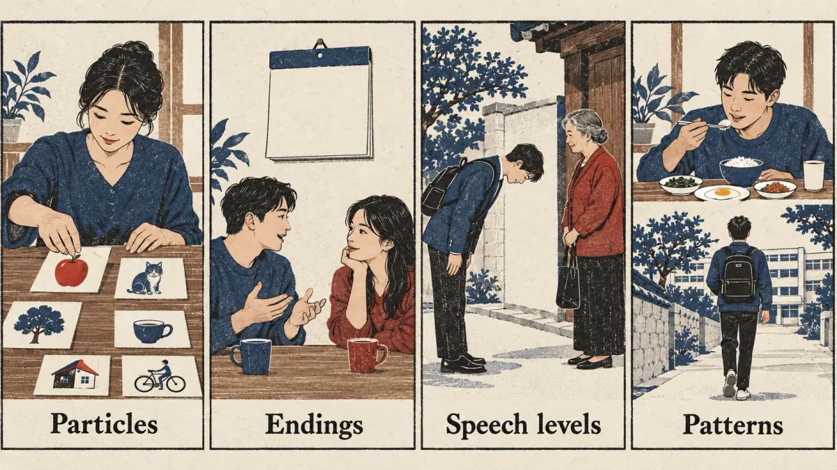 Four illustrated grammar areas: particles, endings, speech levels and patterns.