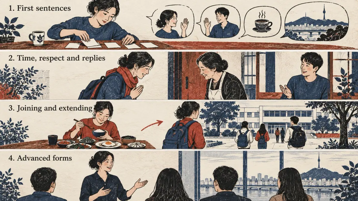 Four learning stages illustrated through study, greetings, linked actions and discussion.