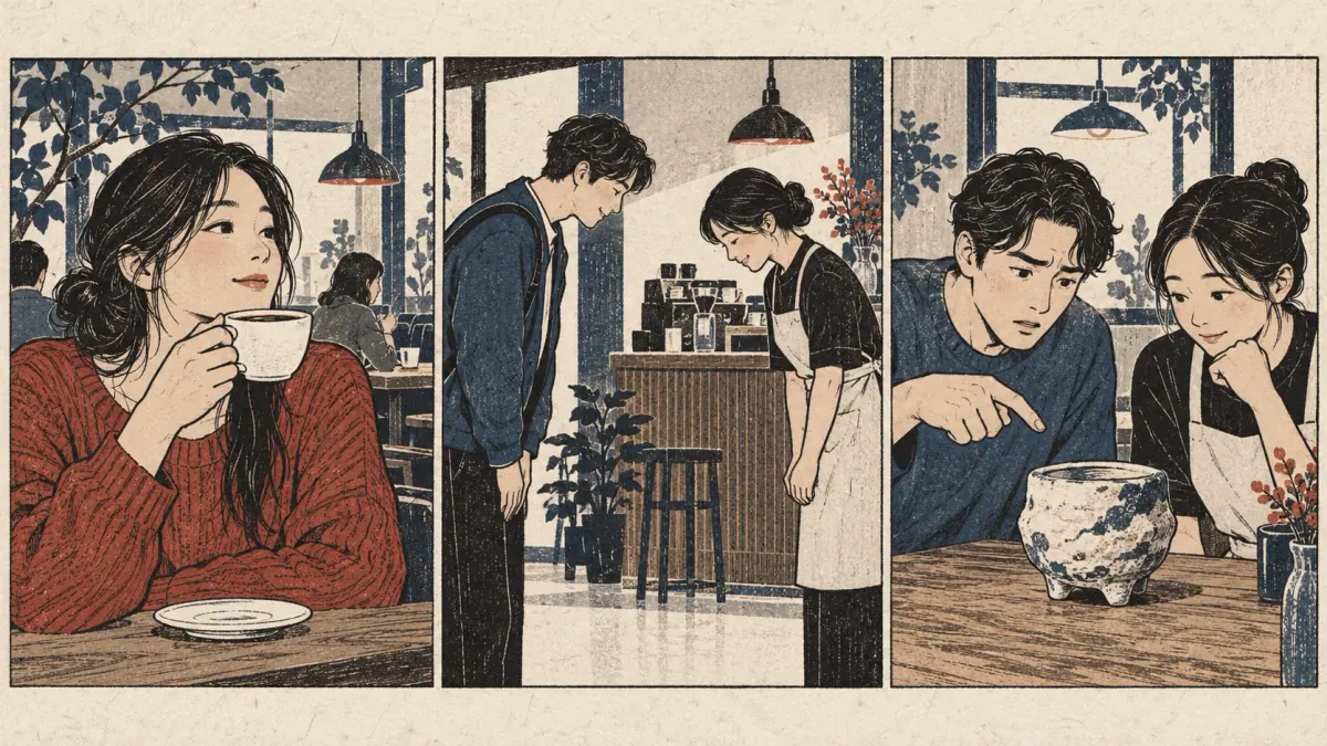 Scenes show drinking coffee, greeting politely and asking about an object.
