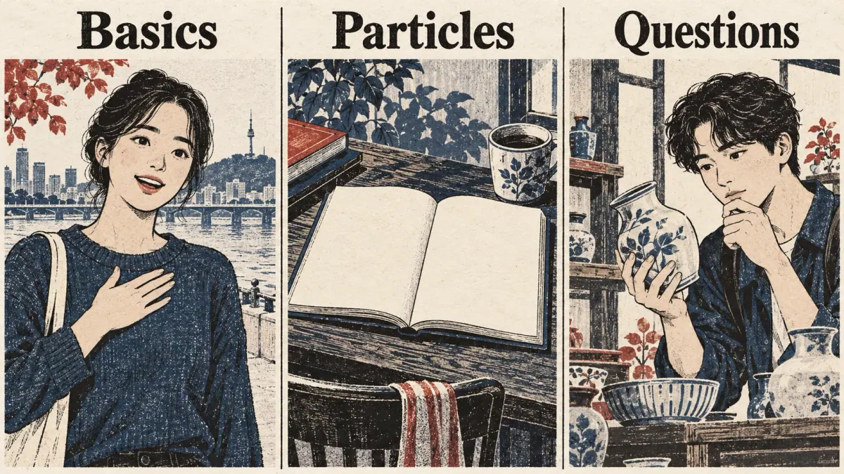 Basics, particles and questions illustrated by an introduction, blank book and unfamiliar jug.