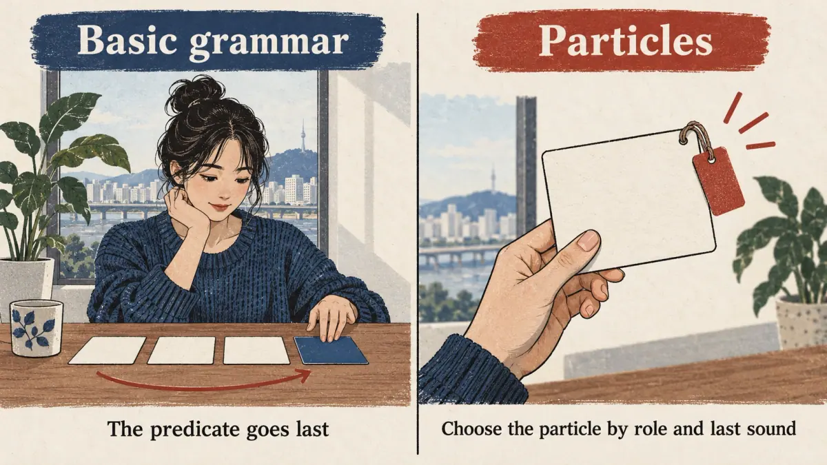 Sentence cards contrast the whole grammar frame with a noun's attached particle tag.
