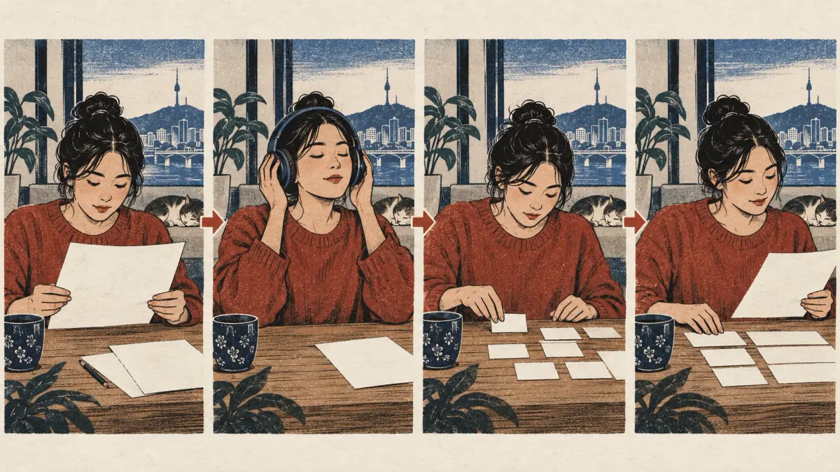 Four panels show reading a lesson, listening, building a sentence and checking answers.