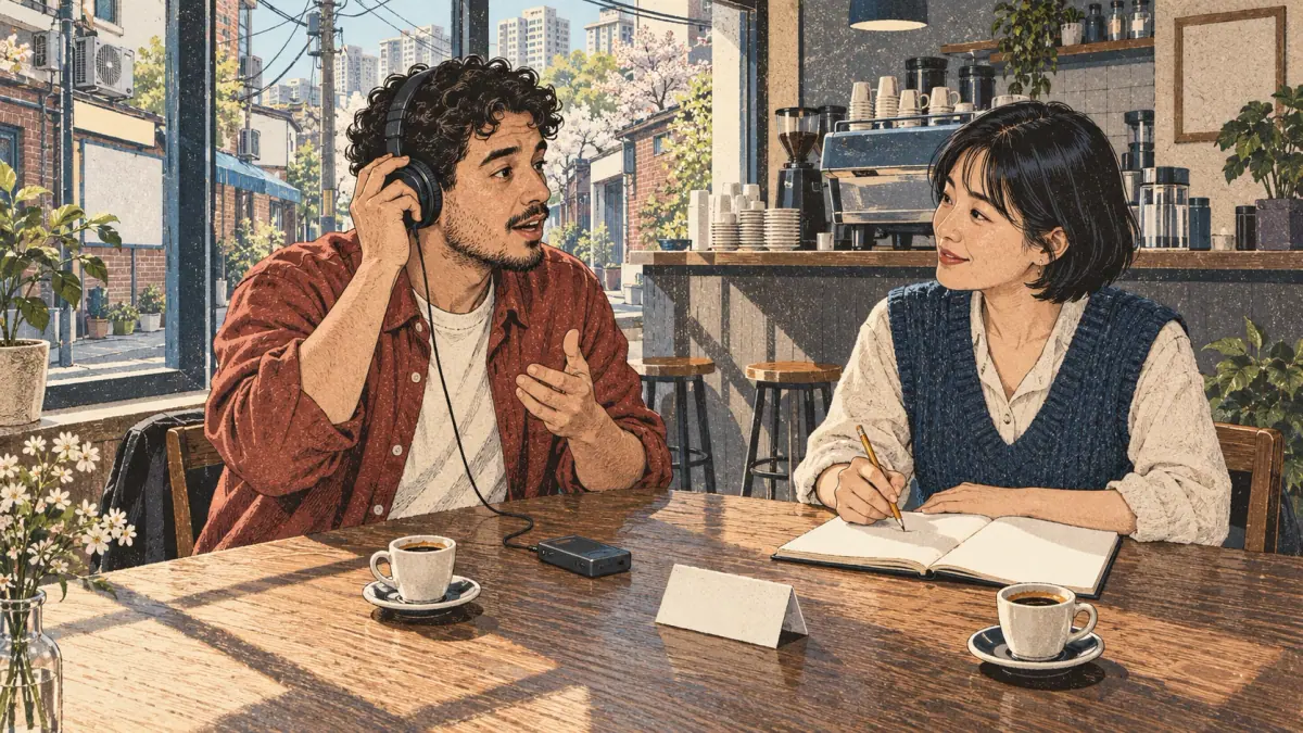 A learner listens and repeats a name with a Korean tutor in a Seoul café.