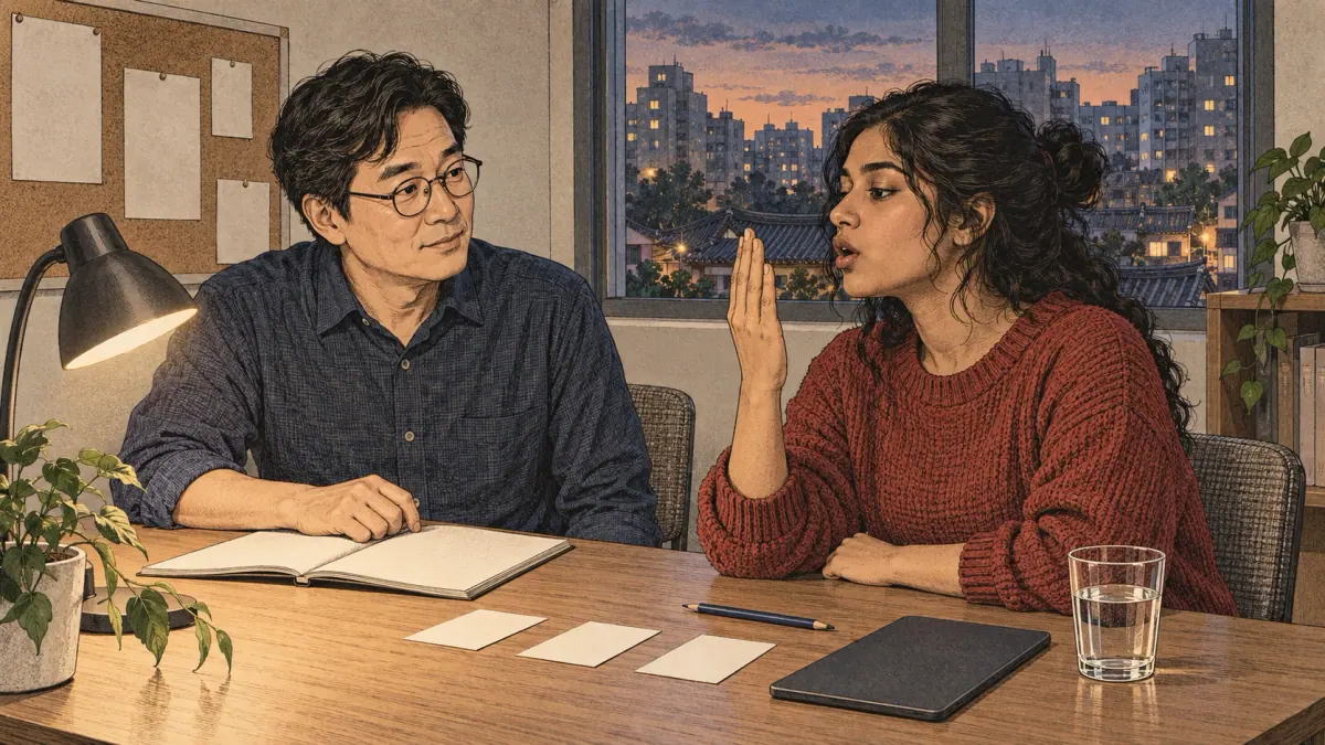 An adult learner practises an aspirated consonant with her palm in front of her mouth in a Seoul study room.