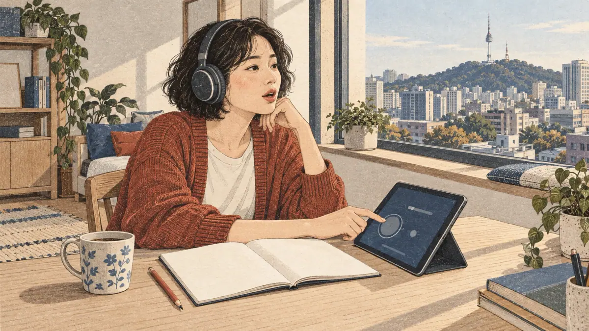 An adult learner listens and practises Korean vowel sounds at a Seoul apartment desk.