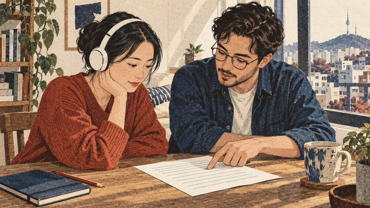 Two adult learners consult a ruled reference sheet and listen to Korean audio at a Seoul apartment study table.