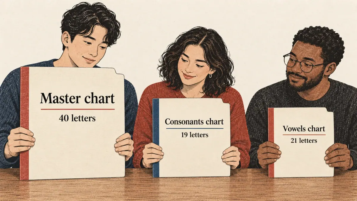 Three reference folders compare the master chart's 40 letters, 19 consonants and 21 vowels.
