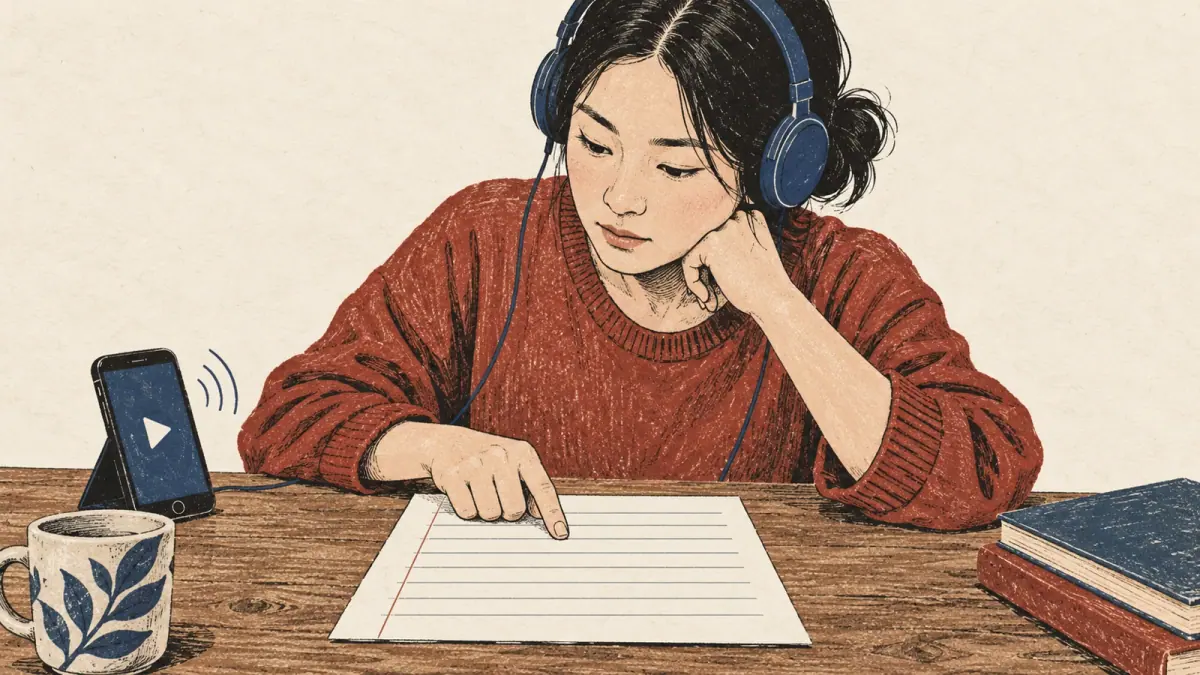 An attentive learner checks a reference sheet while listening to pronunciation audio through headphones.