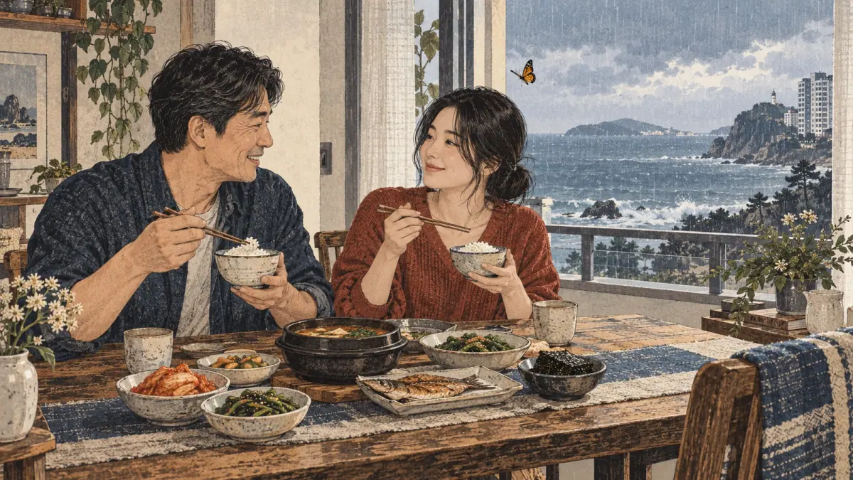 Adult father and daughter share rice by a coastal window while a butterfly passes outside.