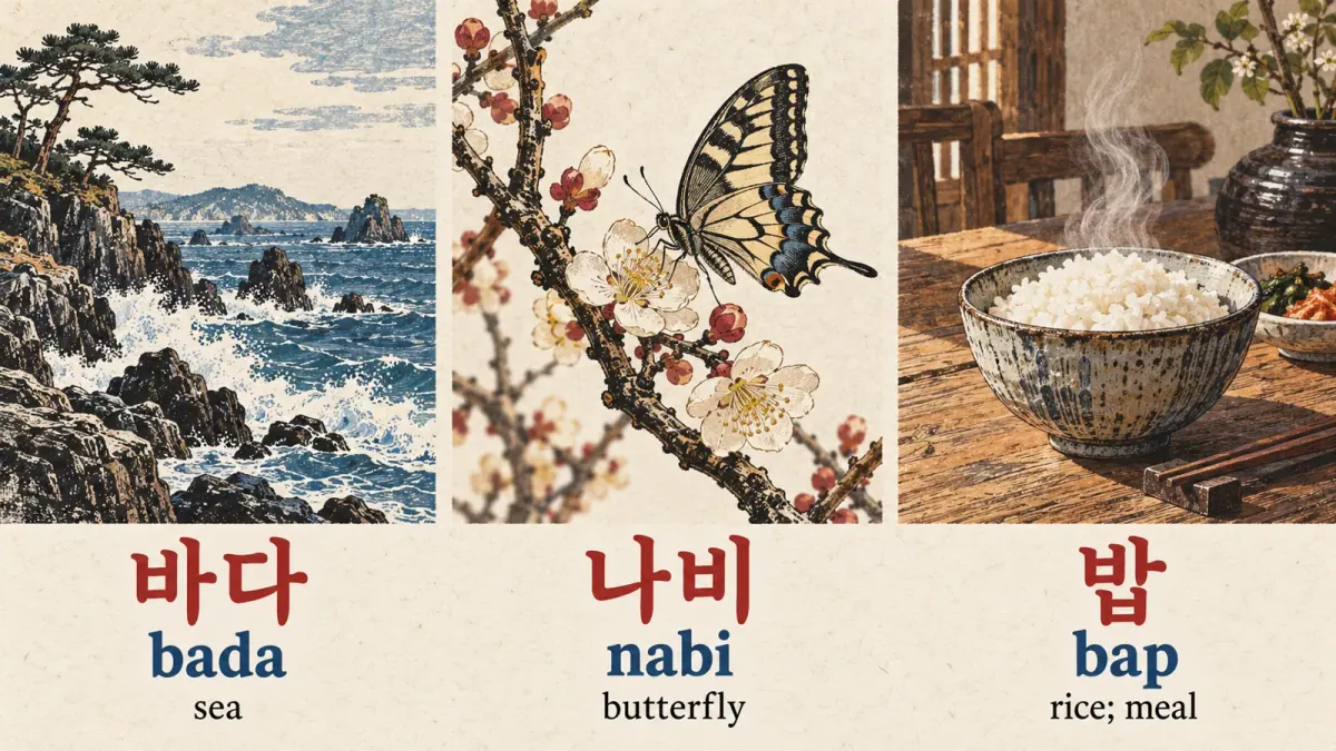 Sea 바다 (bada), butterfly 나비 (nabi) and rice 밥 (bap) illustrate three positions of ㅂ.