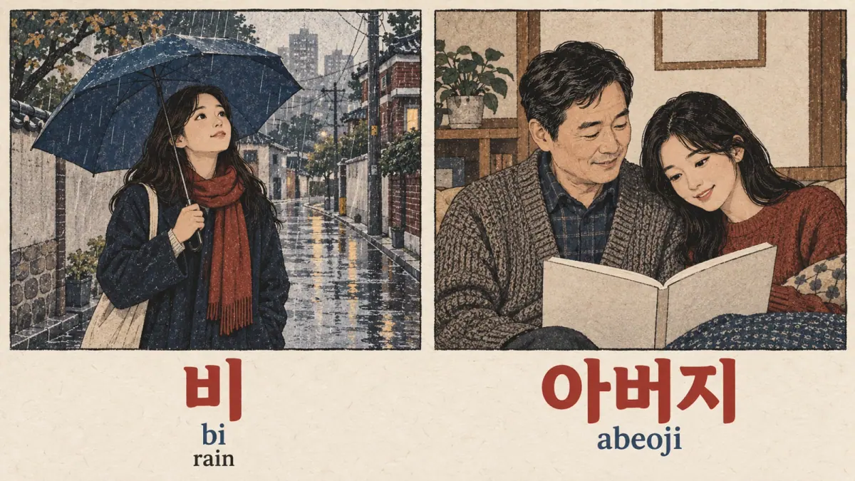 Rain 비 (bi) and a father 아버지 (abeoji) show initial and medial ㅂ.