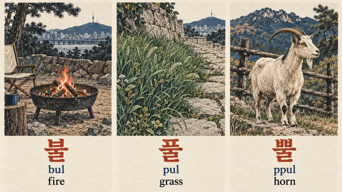 Fire 불 (bul), grass 풀 (pul) and horn 뿔 (ppul) illustrate the three-way sound contrast.