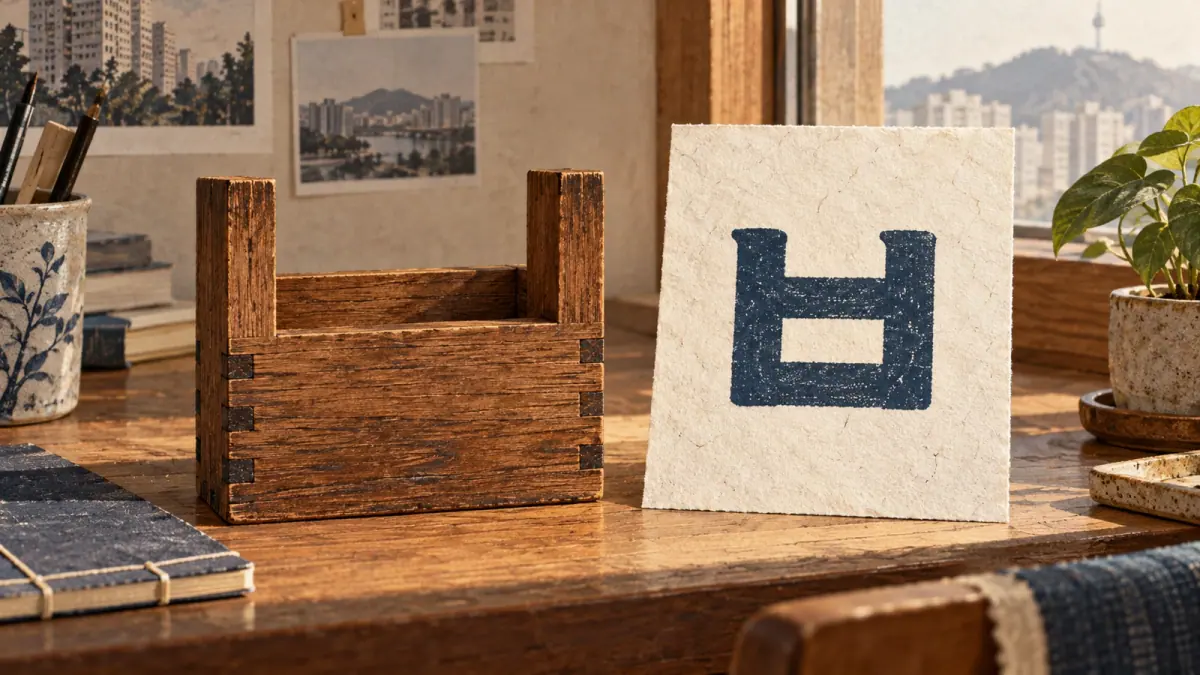 A large ㅂ beside an open-topped wooden box with two posts provides a shape memory aid.