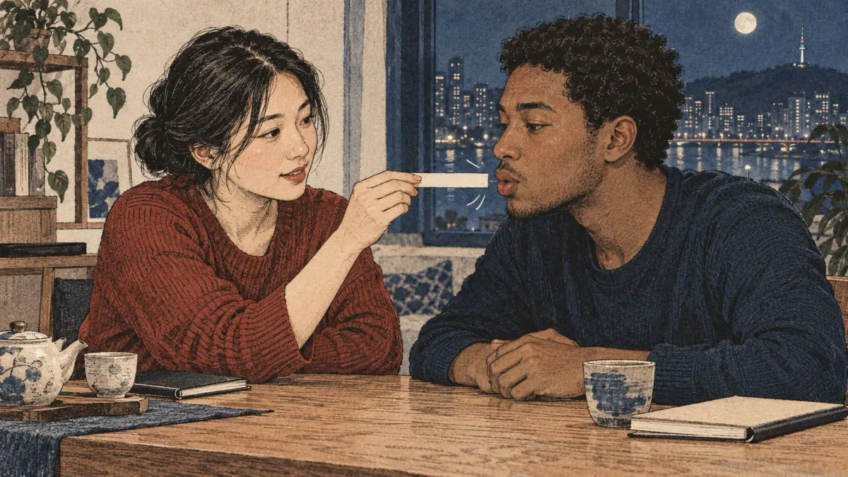 Two adult learners practise the paper breath test at a Seoul apartment table.