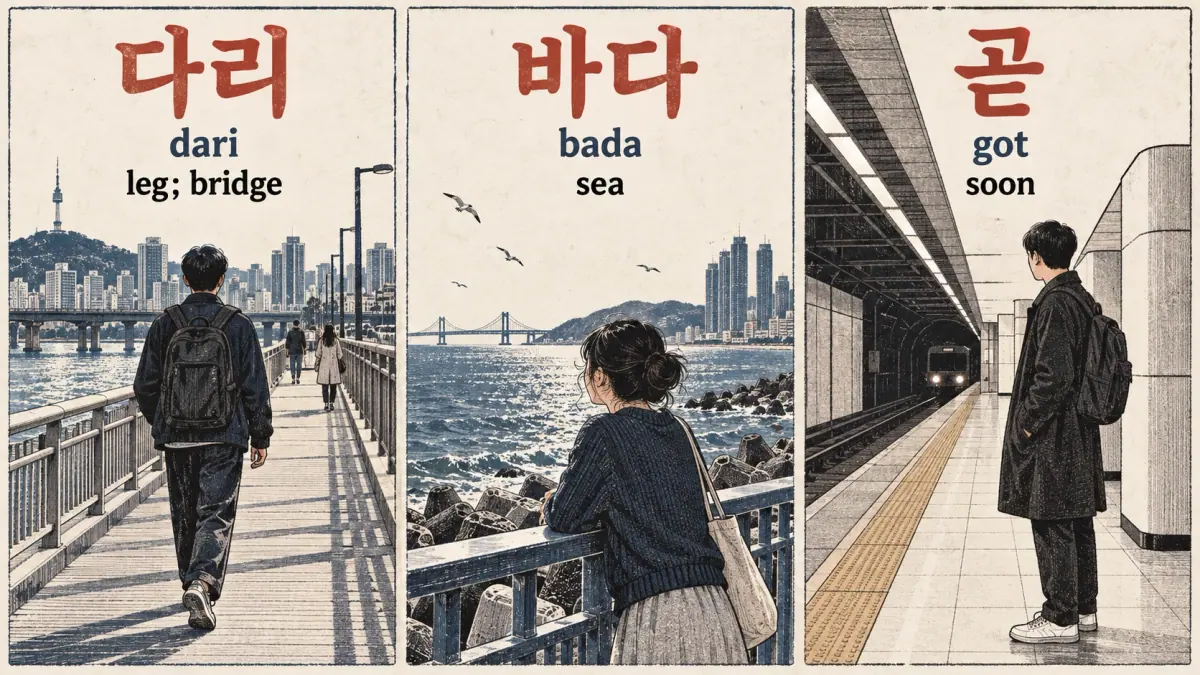 Bridge, sea and waiting scenes labelled 다리 (dari), 바다 (bada), 곧 (got).