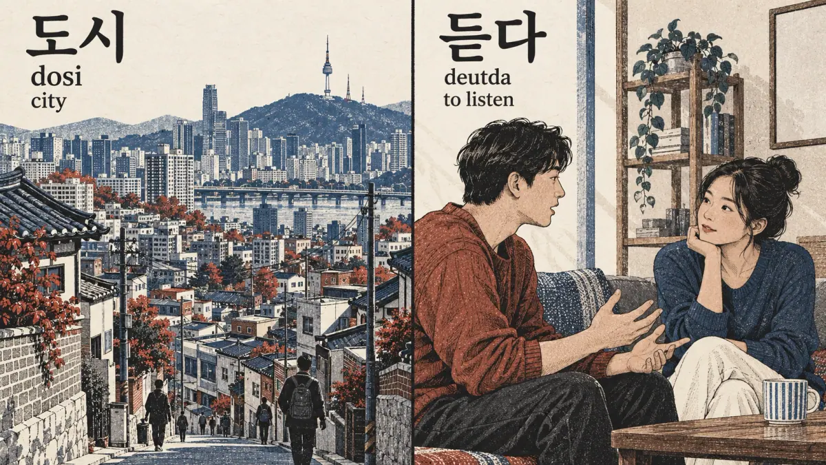 Seoul city and listening scenes labelled 도시 (dosi) and 듣다 (deutda).