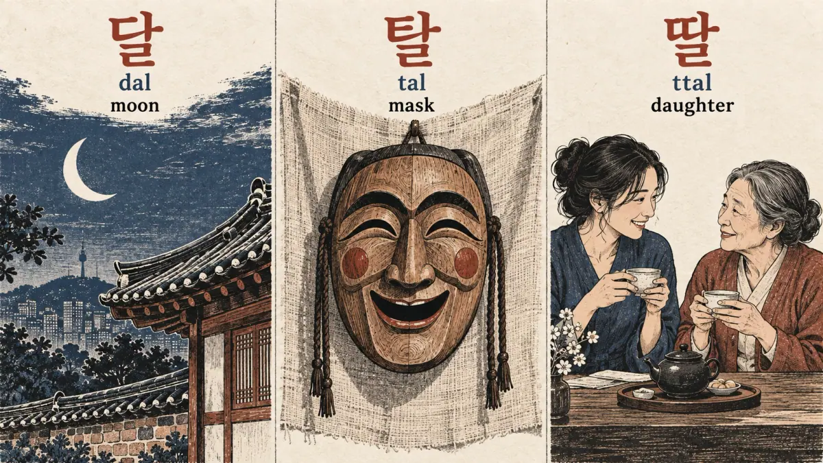 Moon, Korean mask and adult daughter labelled 달 (dal), 탈 (tal), 딸 (ttal).