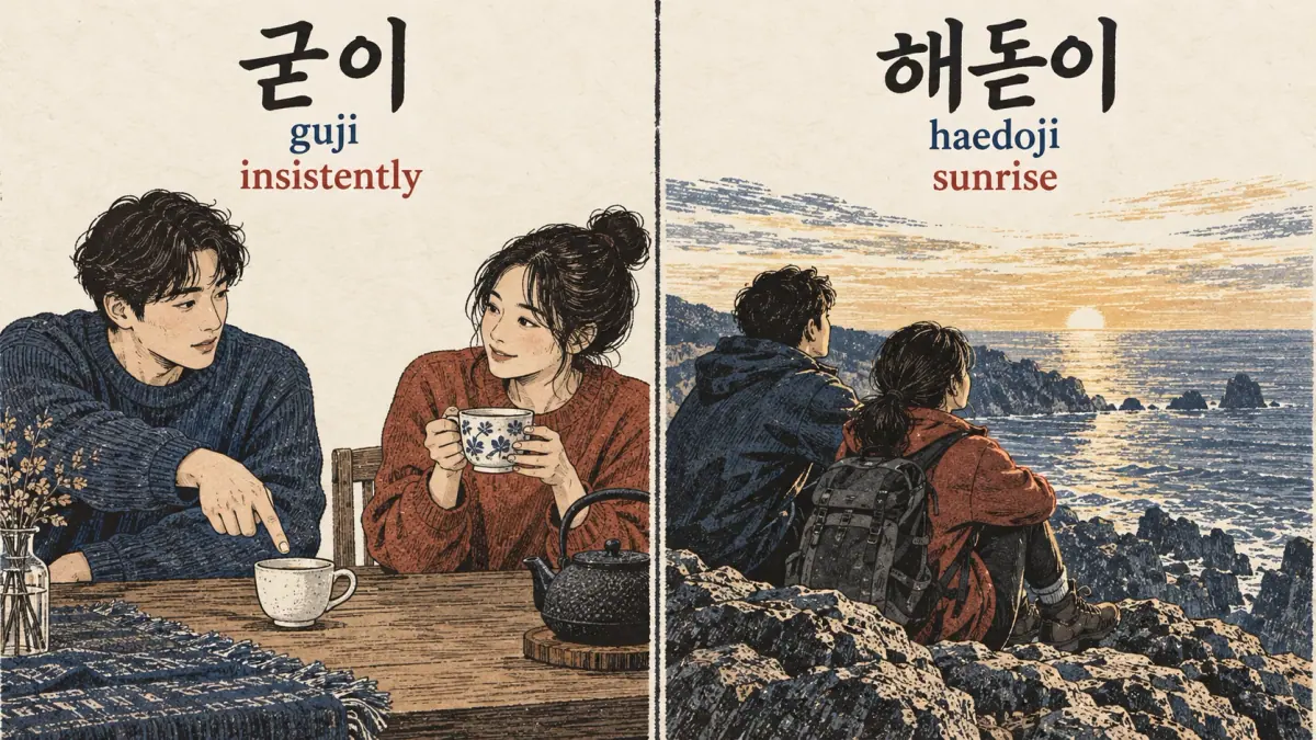 Insistent tea choice and sunrise scenes labelled 굳이 (guji), 해돋이 (haedoji).