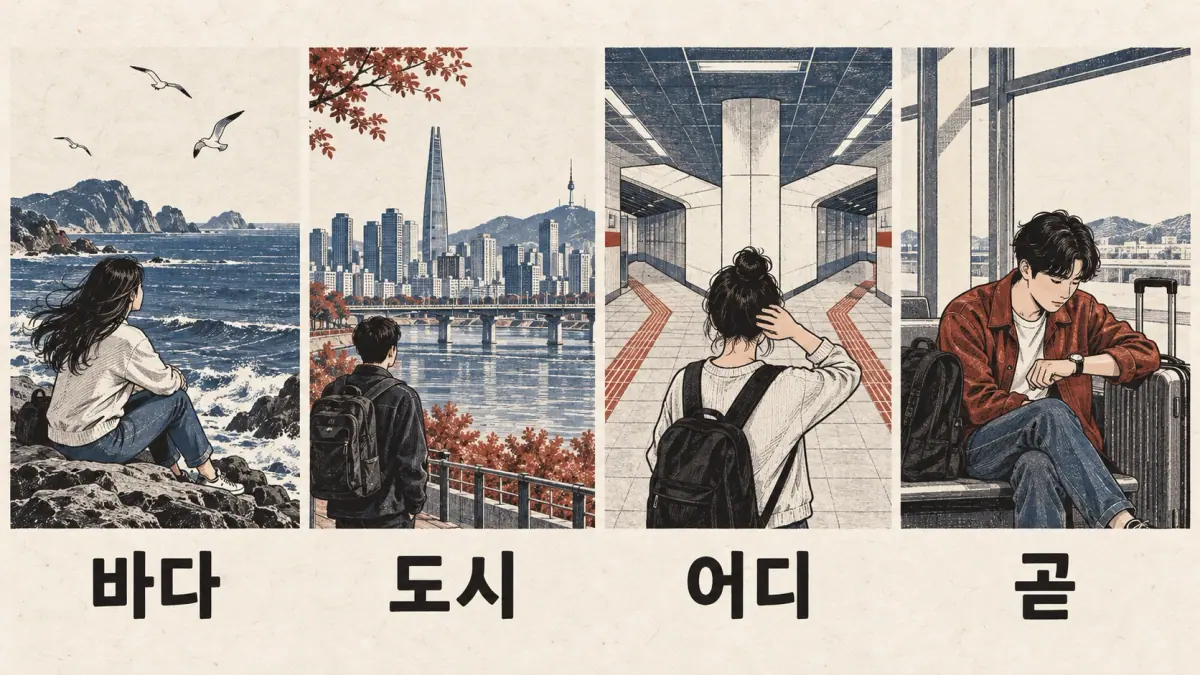 Four reading scenes labelled 바다, 도시, 어디, 곧, with no answers.