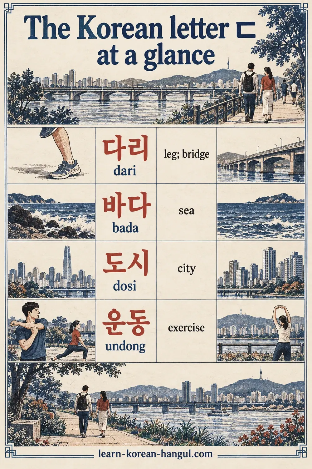 ㄷ vocabulary rows: 다리 (dari), 바다 (bada), 도시 (dosi), 운동 (undong), with illustrated meanings.