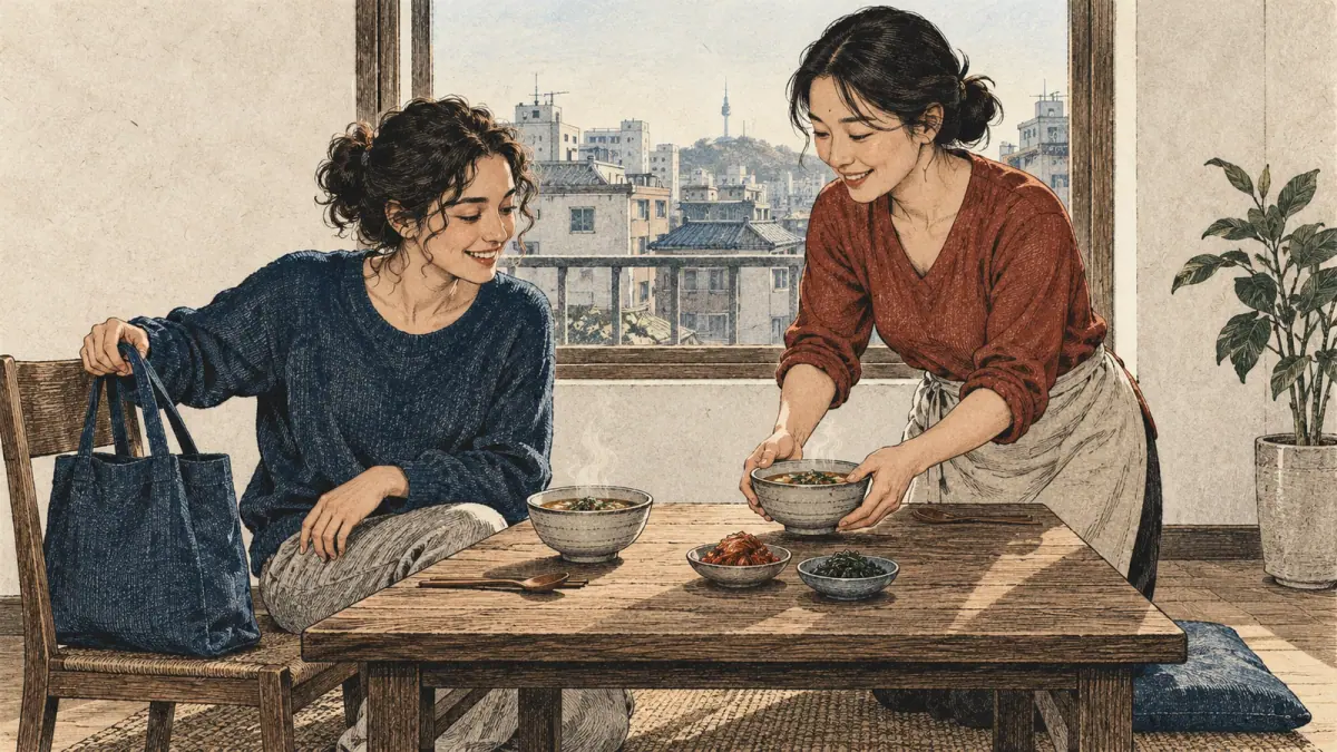 An adult learner puts down a bag while a Korean tutor serves soup at a wooden apartment table.