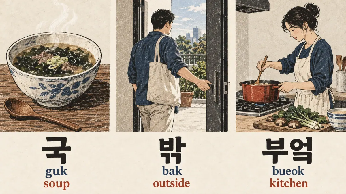 Soup, an outdoor doorway and a kitchen labelled 국 (guk), 밖 (bak) and 부엌 (bueok).
