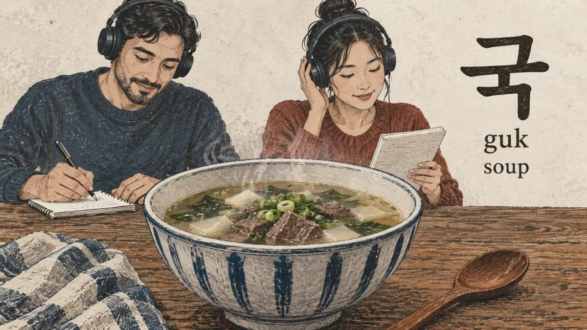 Learners with headphones behind a soup bowl labelled 국 (guk, soup).
