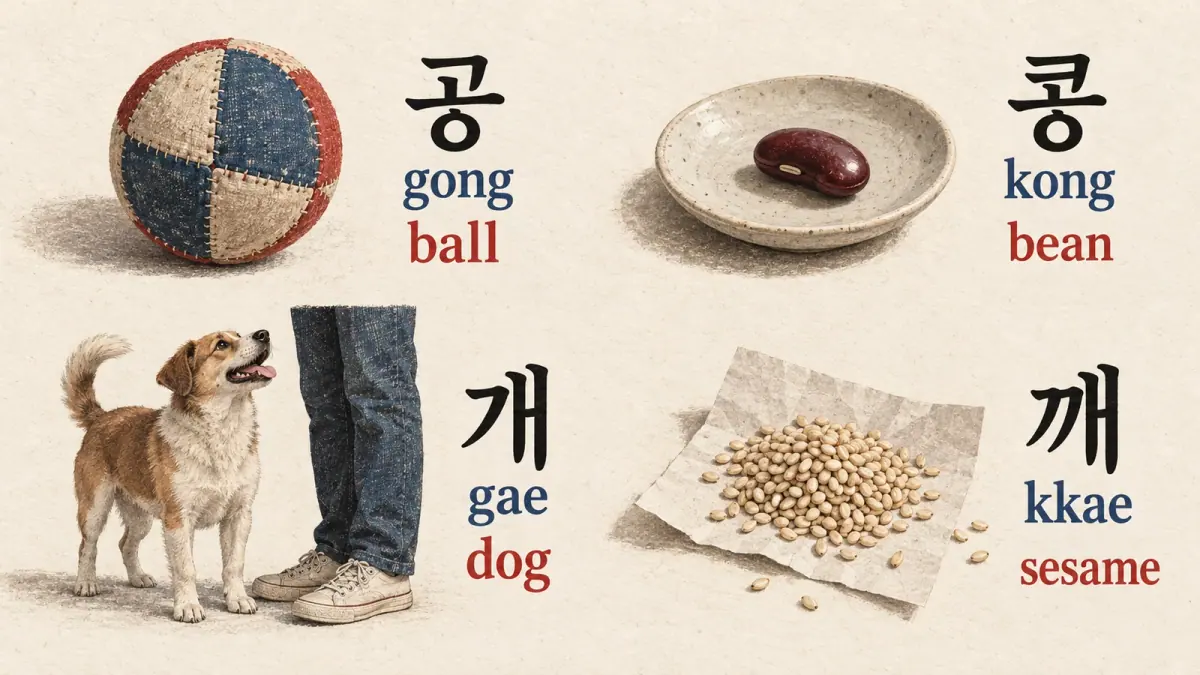 Ball, bean, dog and sesame illustrations labelled 공 (gong), 콩 (kong), 개 (gae) and 깨 (kkae).