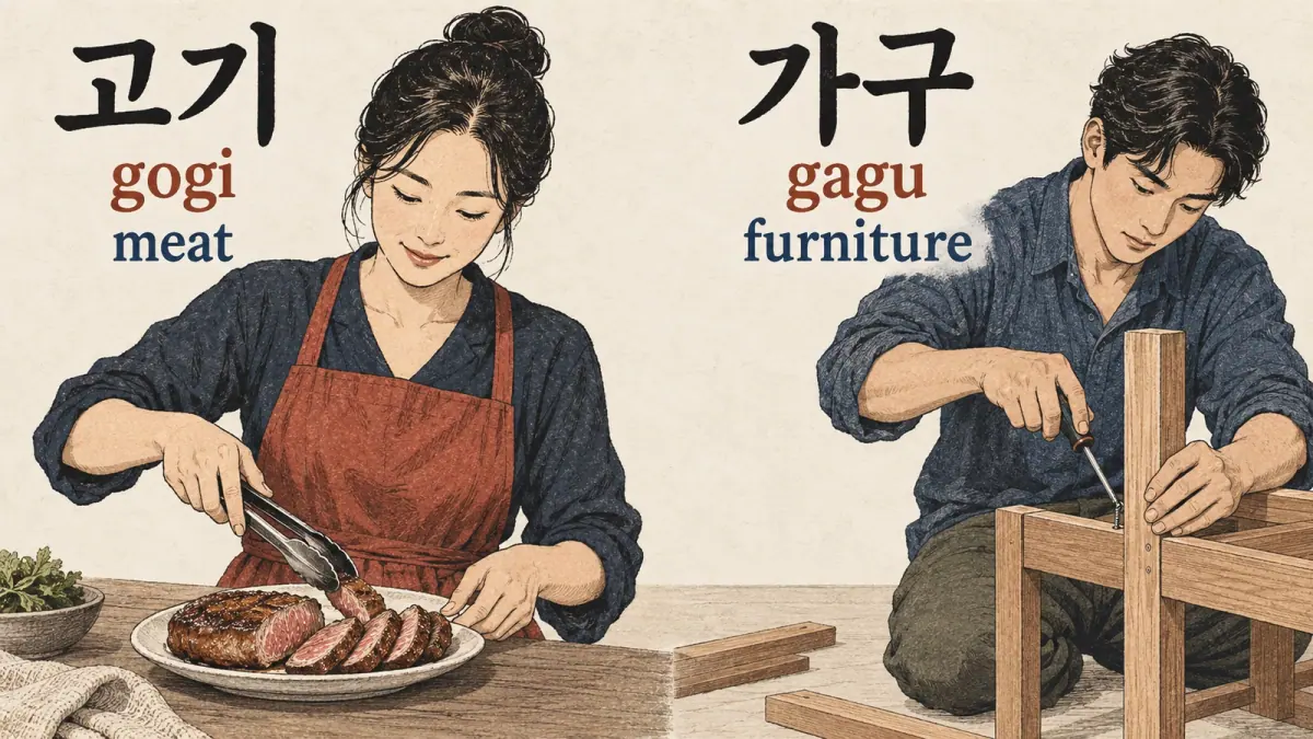 Adults serving meat and building furniture, labelled 고기 (gogi) and 가구 (gagu).
