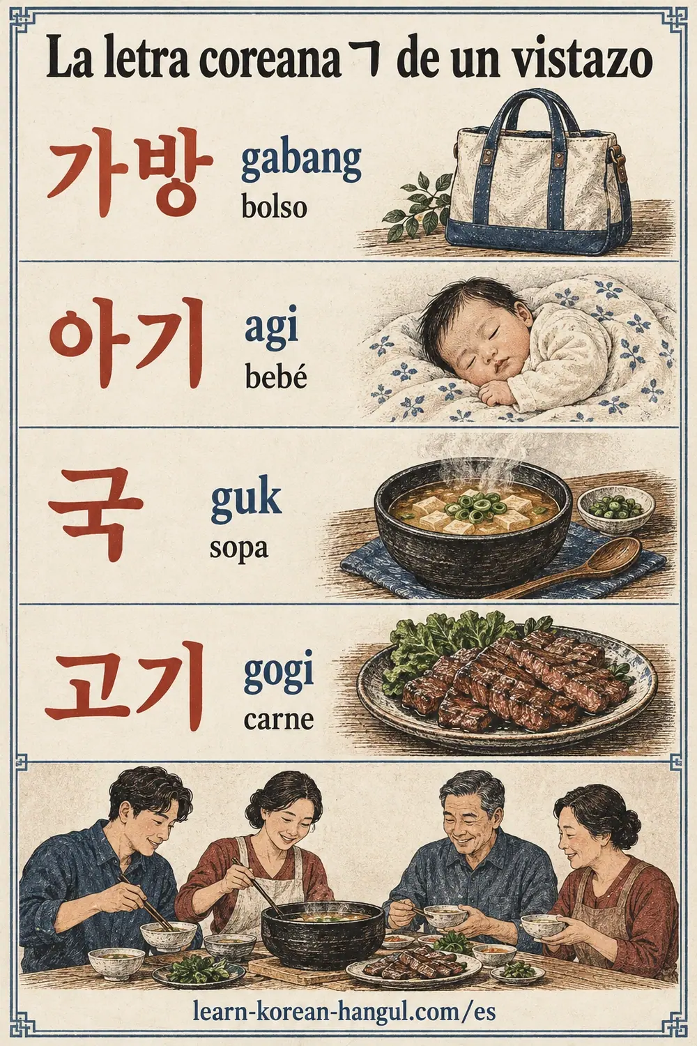 Filas de palabras con ㄱ: 가방 (gabang), 아기 (agi), 국 (guk) y 고기 (gogi), con significados e ilustraciones.