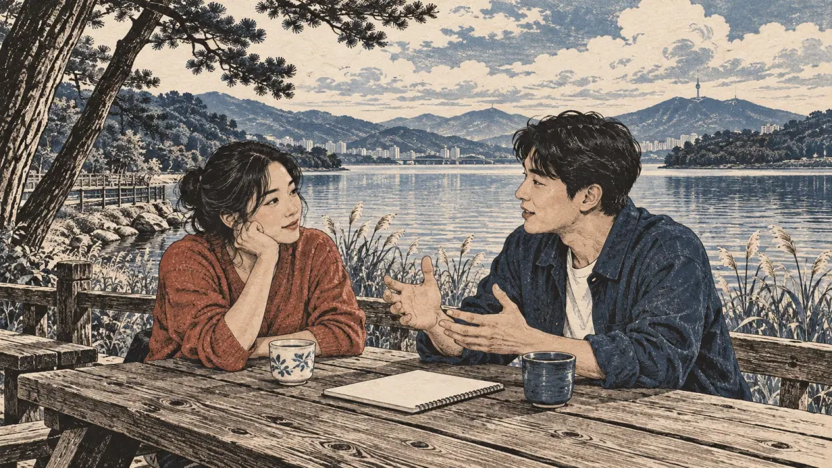 Two adult learners talk at a wooden table beside a Korean lake under an expansive sky.
