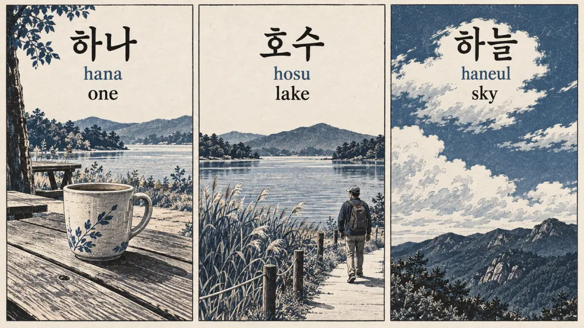 One cup, a lake and sky labelled 하나 (hana), 호수 (hosu) and 하늘 (haneul).