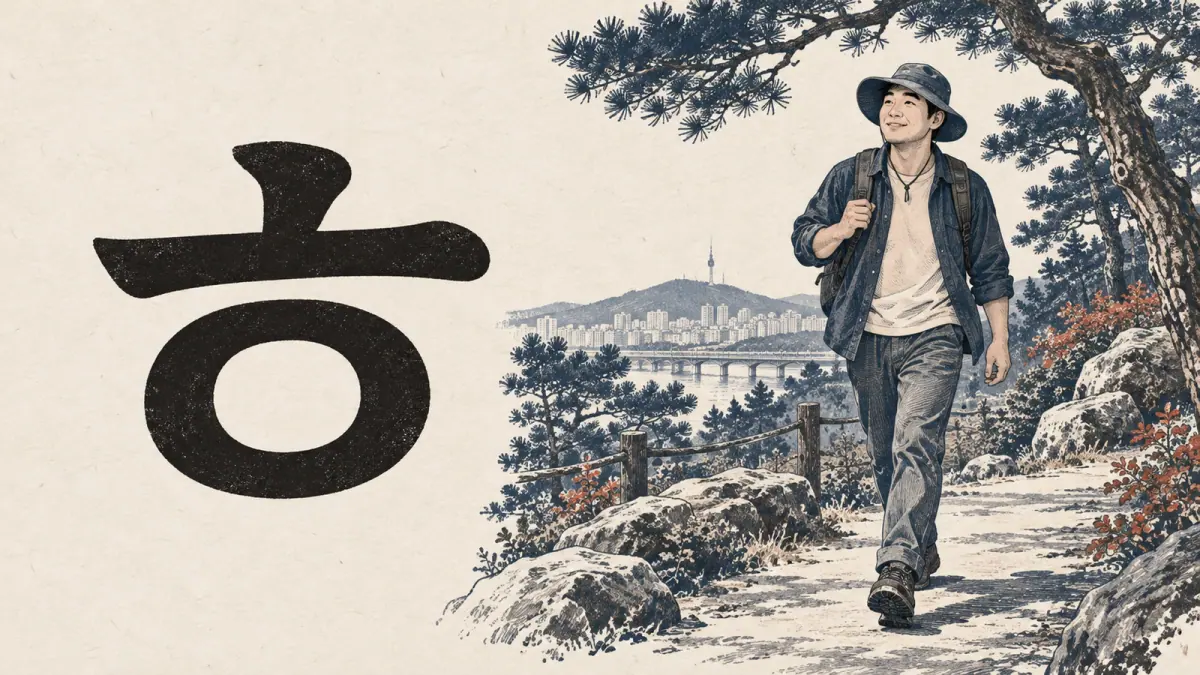 The letter ㅎ beside a Korean walker wearing a brimmed hat, a memory aid for its circle-with-a-hat shape.