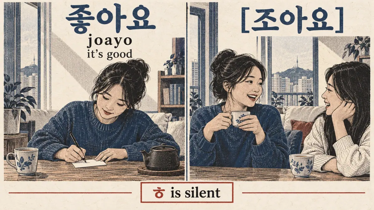 좋아요 (joayo, it's good) compared with [조아요], showing silent ㅎ while two adults share tea.
