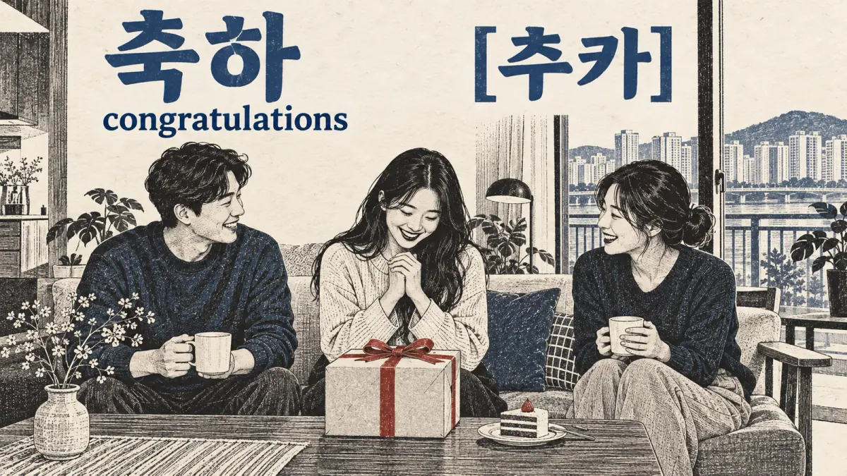 Friends celebrate; 축하 is paired with its pronunciation [추카] and the meaning congratulations.