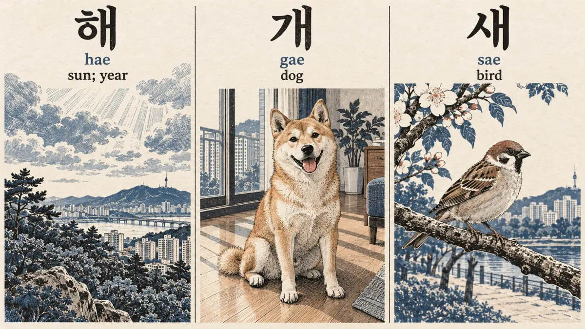 Daylight, dog and bird labelled 해 (hae), 개 (gae) and 새 (sae) for a three-way sound contrast.