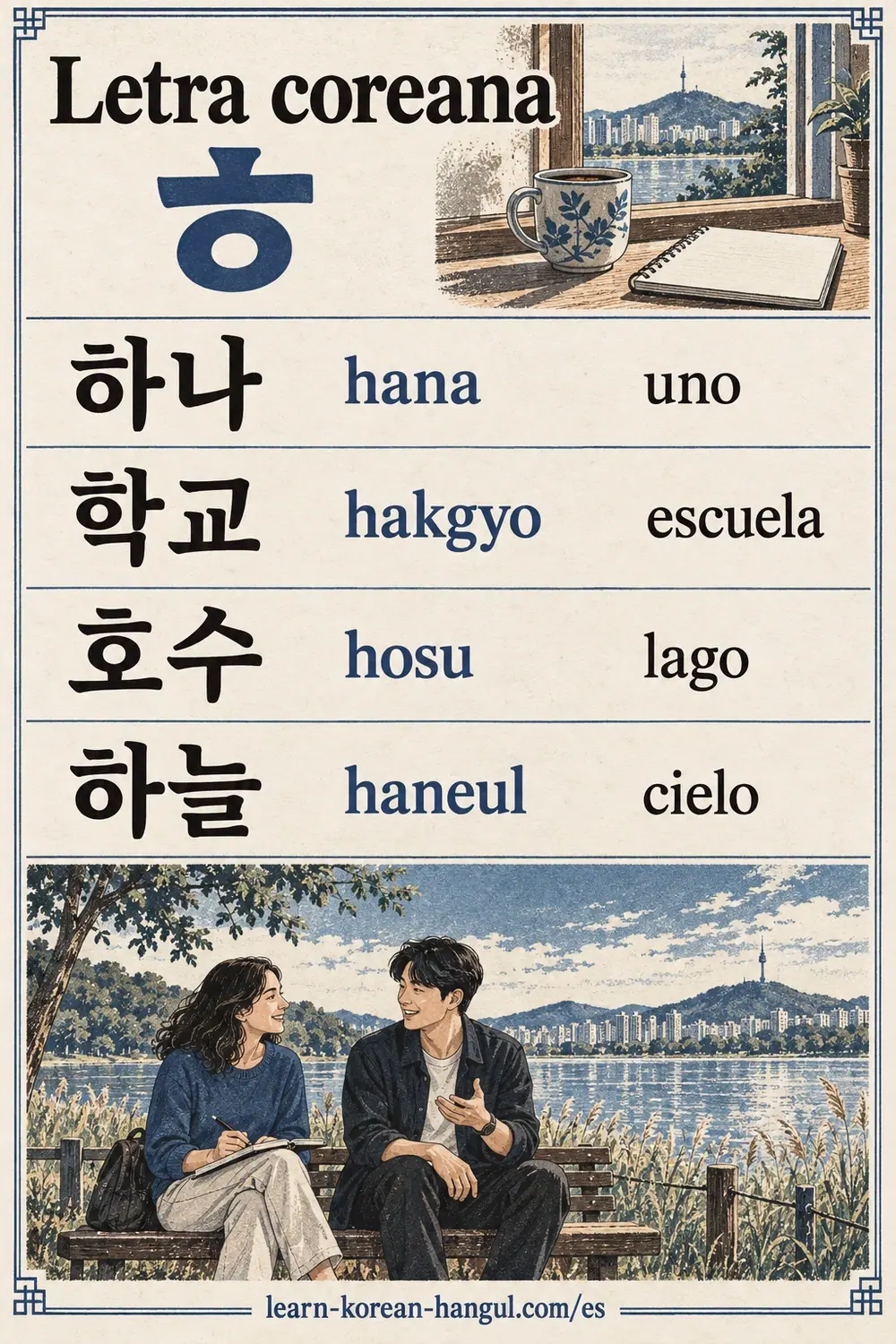 하나 (hana, uno), 학교 (hakgyo, escuela), 호수 (hosu, lago) y 하늘 (haneul, cielo) junto a un banco frente al lago.