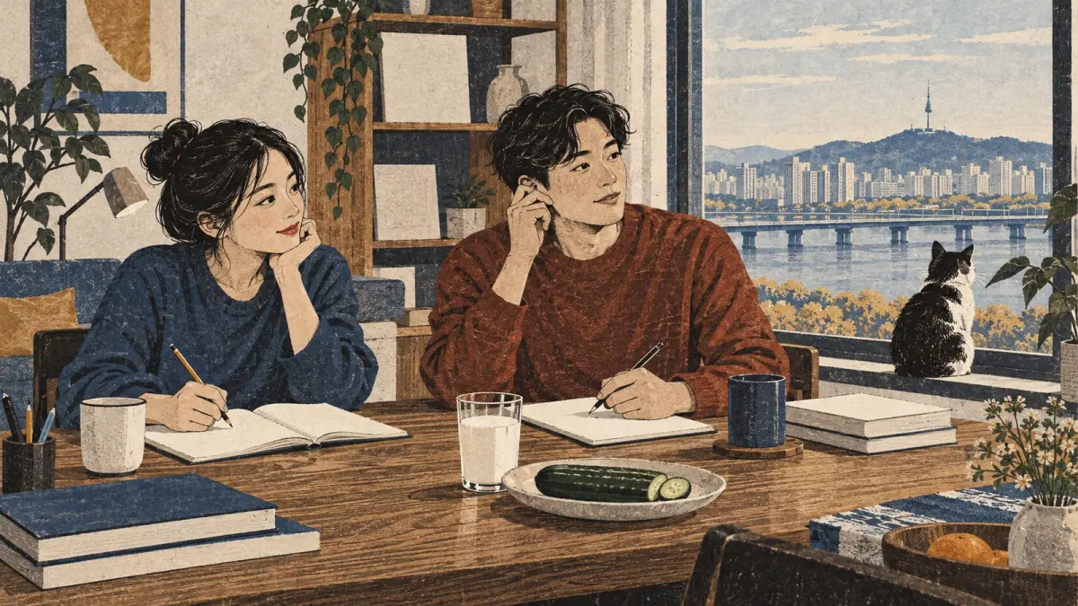 Two adults practise Korean listening beside milk, cucumber and a cat, overlooking the Han River.