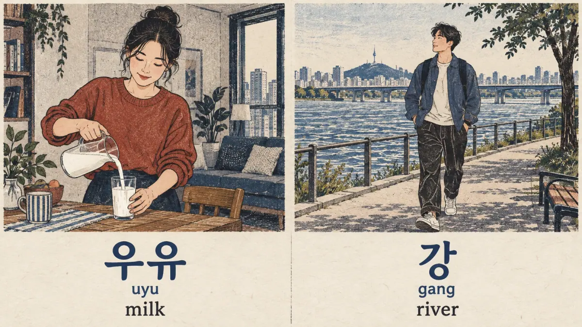 Milk 우유 (uyu) beside a Han River scene labelled 강 (gang), illustrating initial silent and final ng examples.