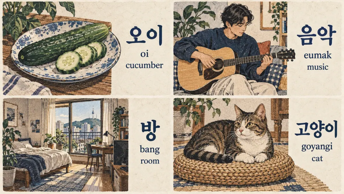 Four scenes labelled 오이 (oi), 음악 (eumak), 방 (bang), 고양이 (goyangi): cucumber, music, room and cat.