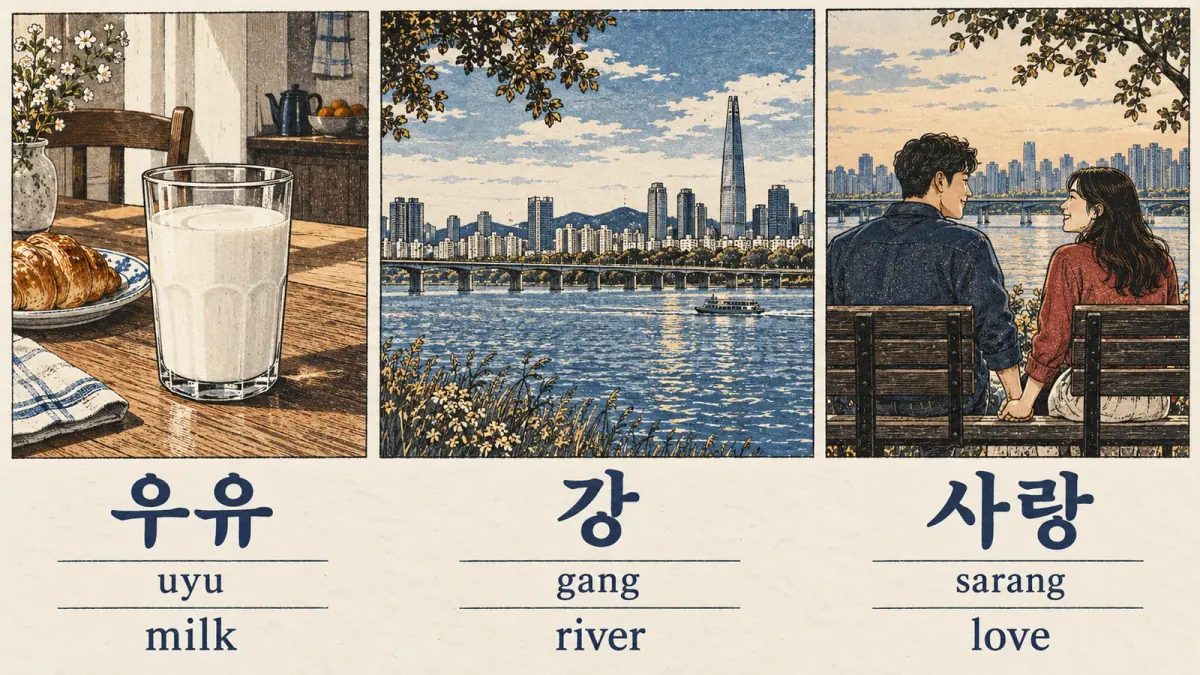 Milk 우유 (uyu), river 강 (gang), and love 사랑 (sarang) shown in three everyday scenes.