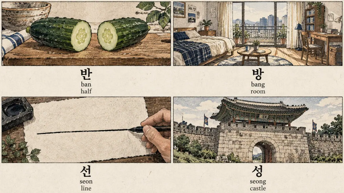 Contrasts 반 (ban), half, with 방 (bang), room, and 선 (seon), line, with 성 (seong), castle.