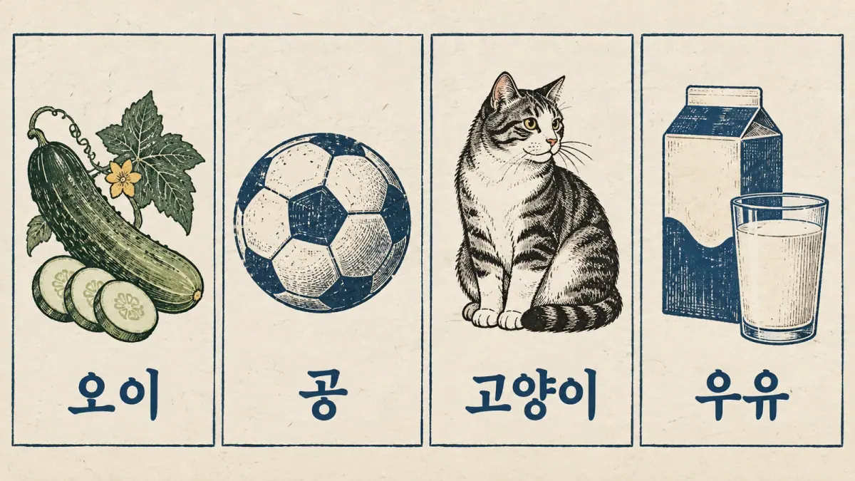 Reading panels show 오이, 공, 고양이 and 우유 beside cucumber, ball, cat and milk illustrations.