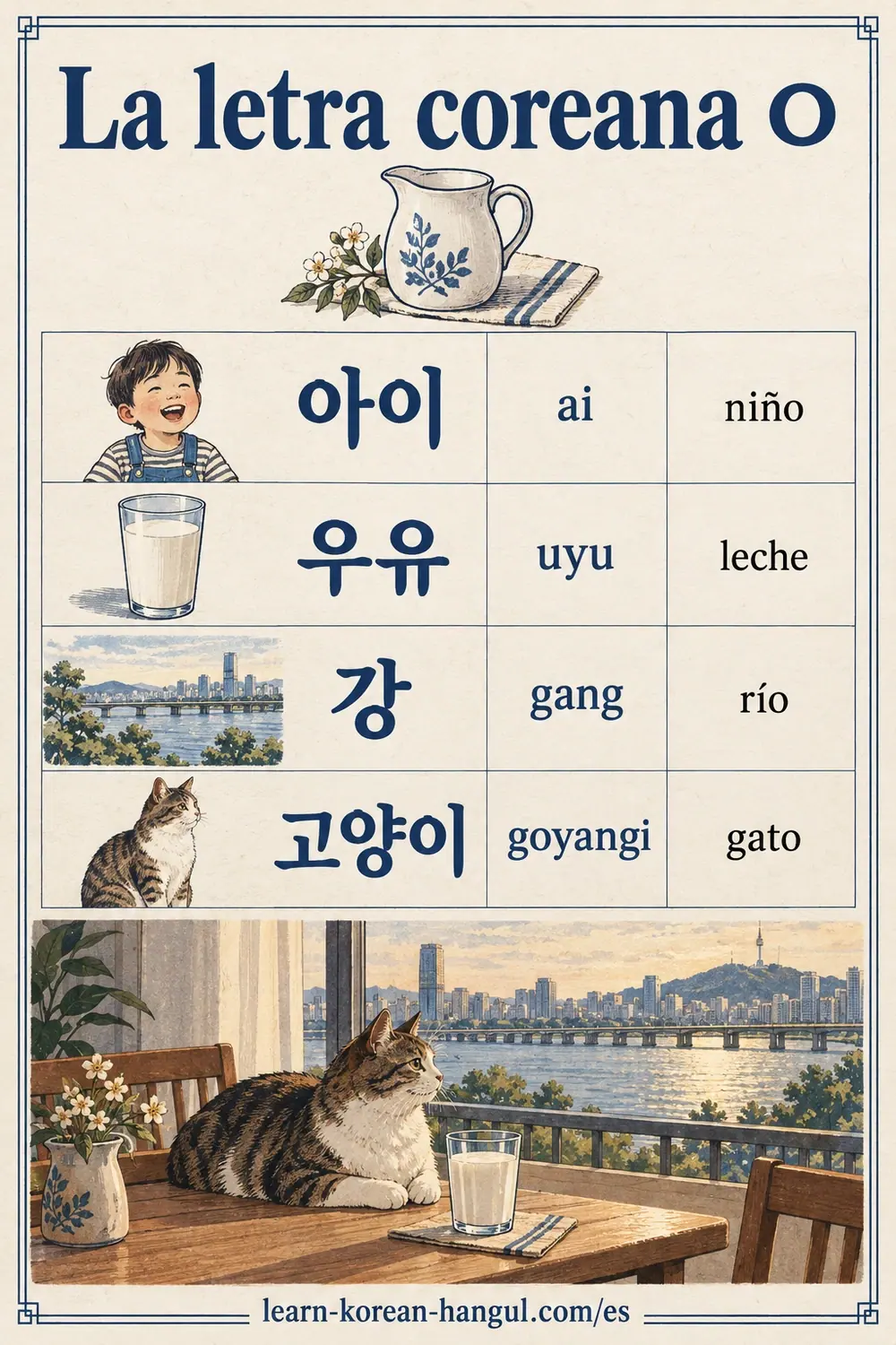 Filas en español: 아이 (ai), niño; 우유 (uyu), leche; 강 (gang), río; 고양이 (goyangi), gato.