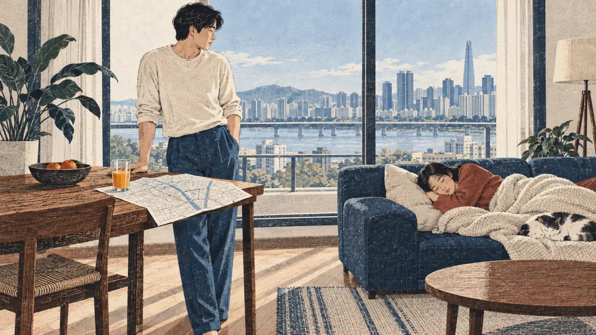 Adults in a Seoul apartment with trousers, juice, a map and a sleeping learner.