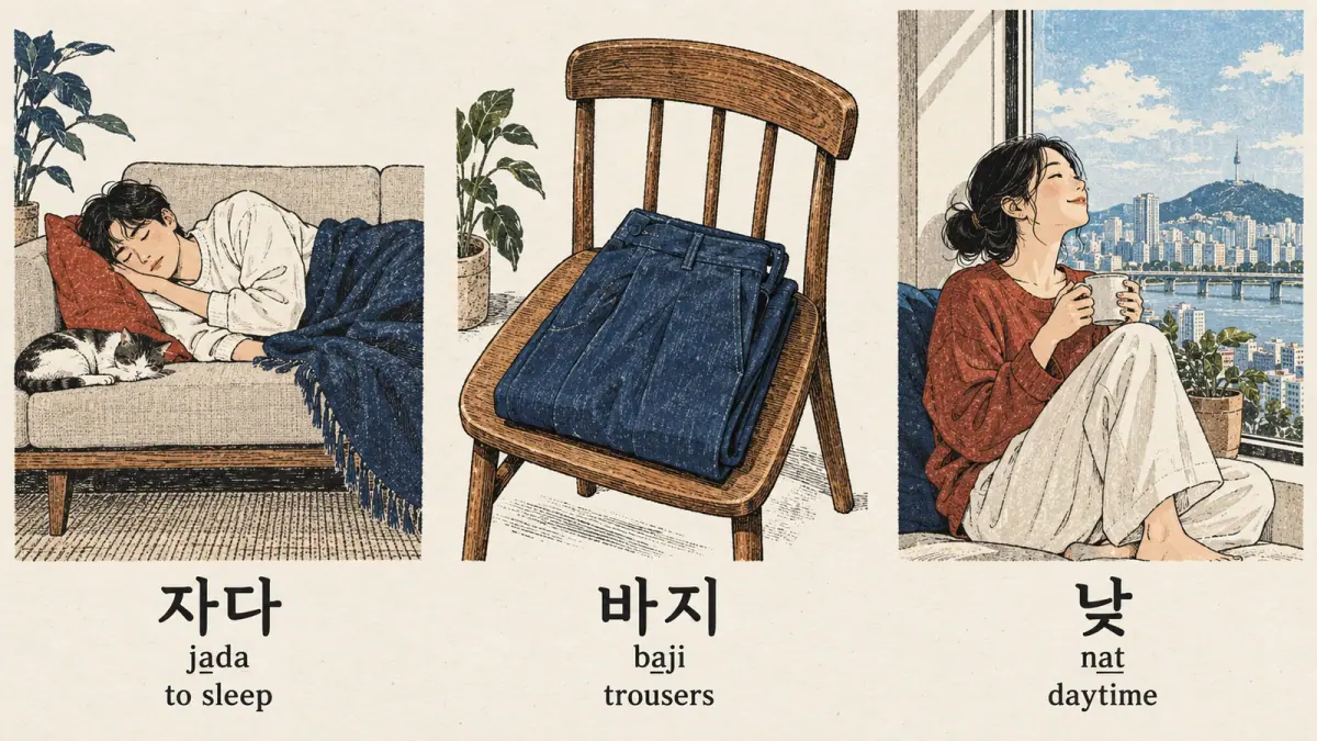 Scenes show 자다 (jada, to sleep), 바지 (baji, trousers) and 낮 (nat, daytime).