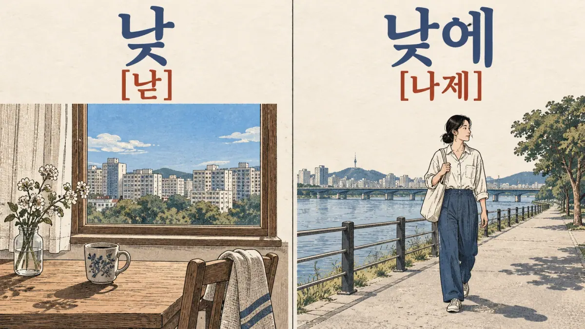 Daytime scenes compare 낮 [낟] (nat) with 낮에 [나제] (naje).